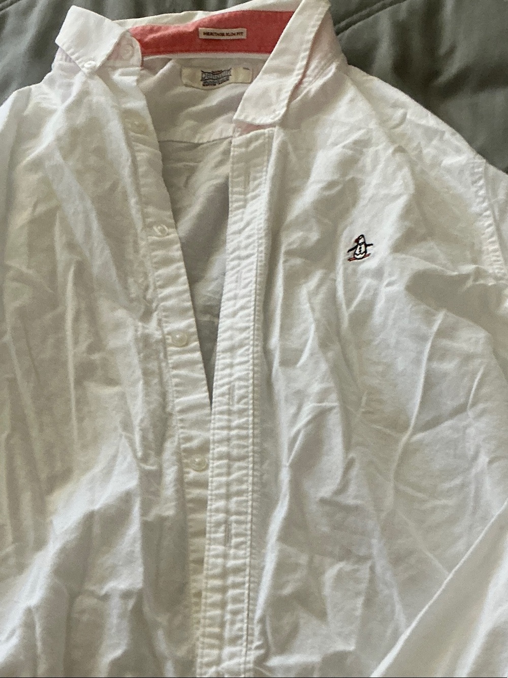 Original Penguin White Button-Up Shirt with Red Collar Accent